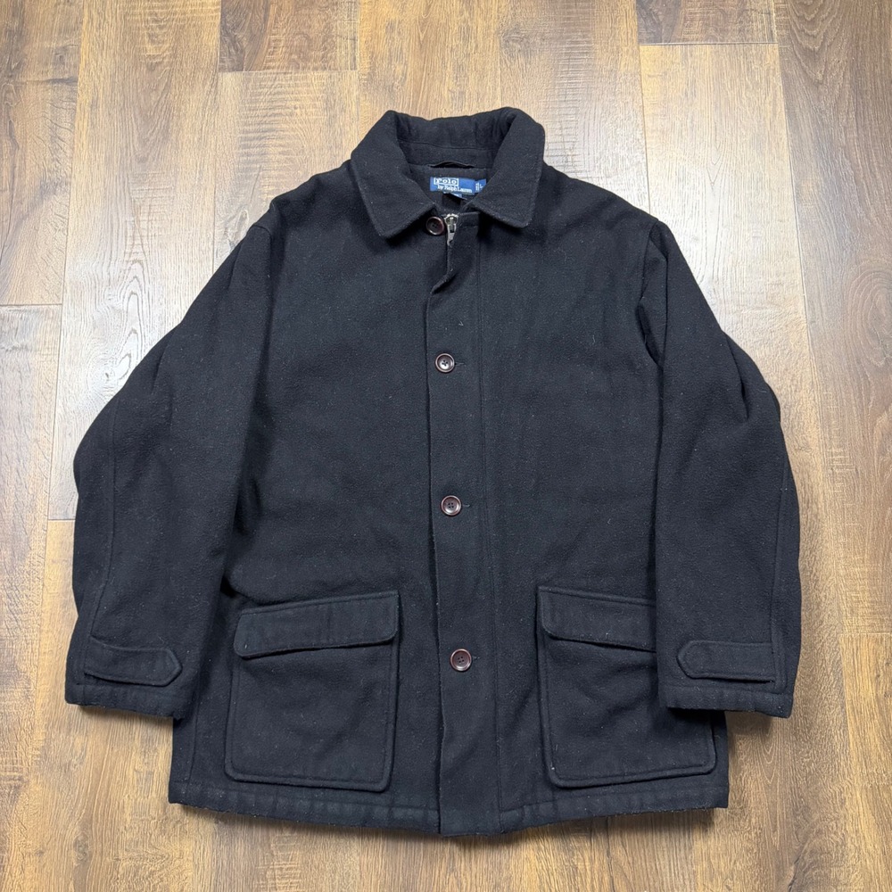 Vintage Polo Ralph Lauren Wool Jacket Men's Size L Black Heavy Coat Full Zip